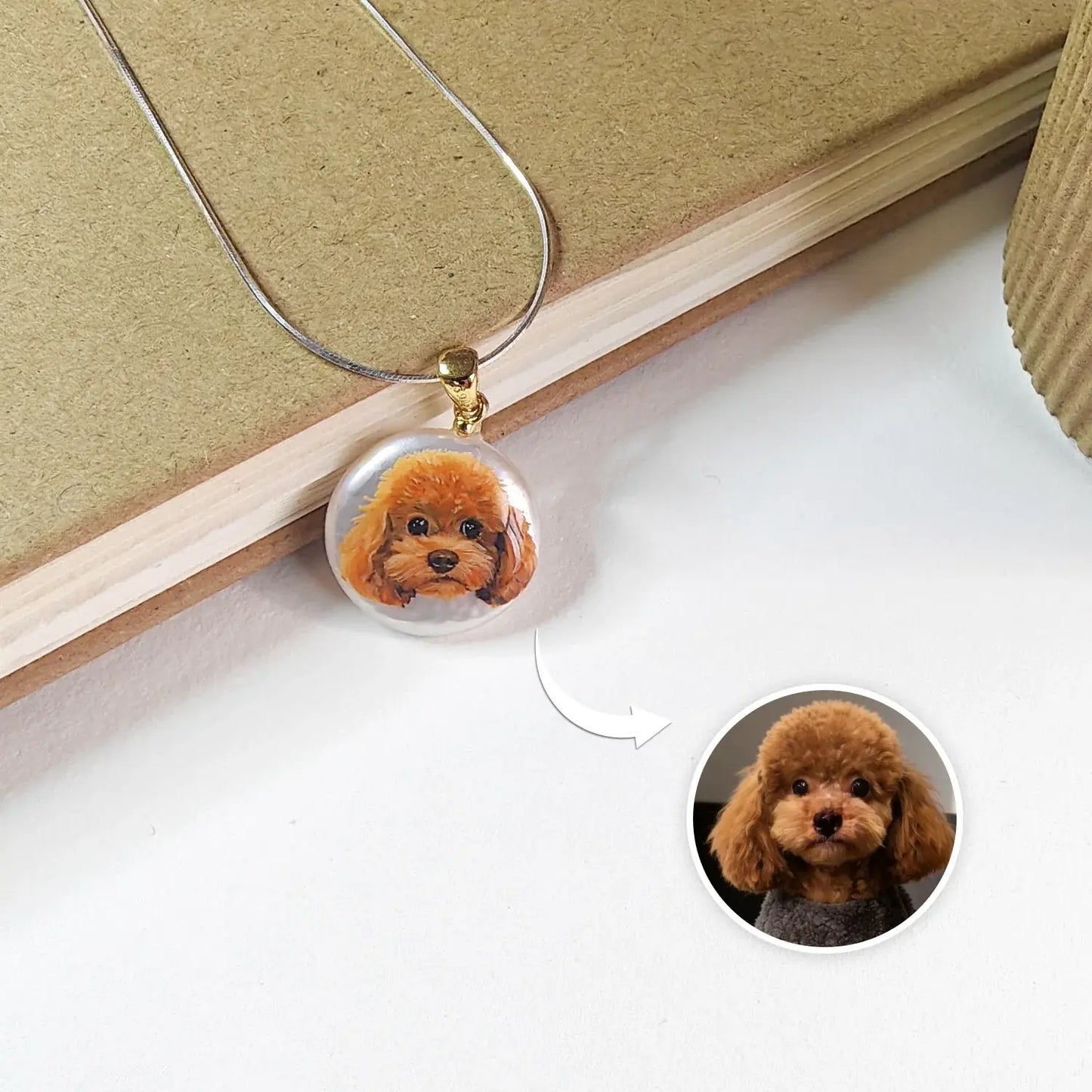 Custom hand-painted miniature dog portrait pearl charm with a gold bail