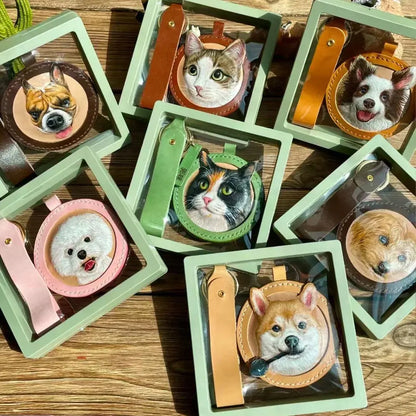 Handmade Leather Pet Portrait Keychain – Custom Dog or Cat Face Charm